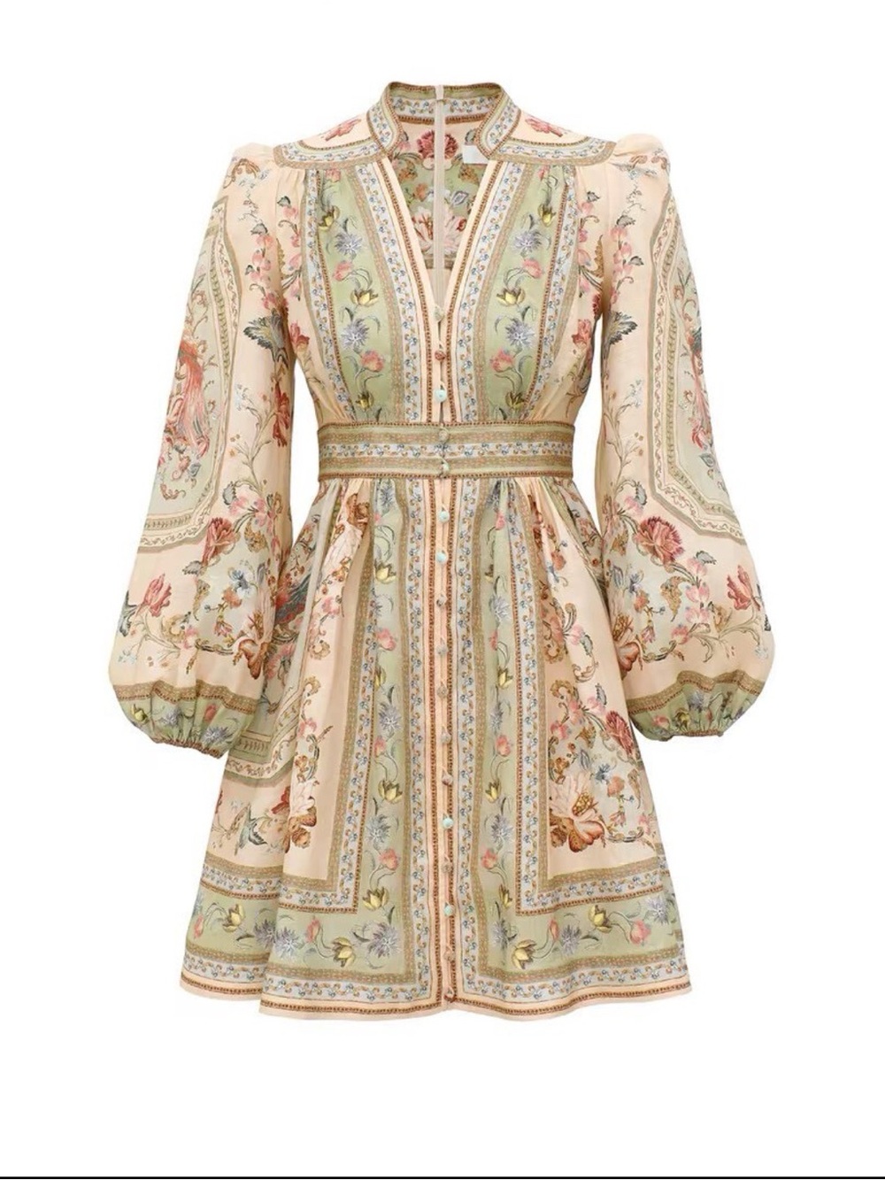 Zimmermann Floral Print Puff-Sleeve Mini Dress in Cream and Sage